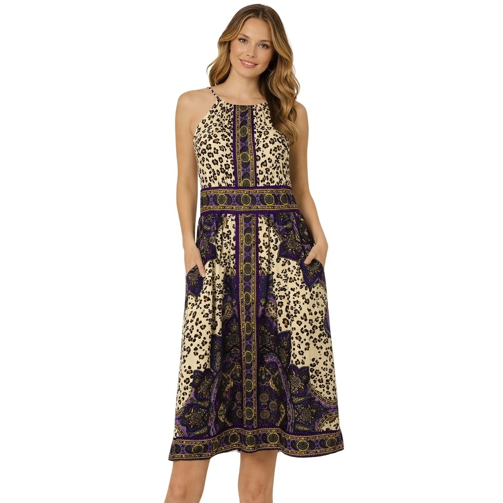 London Times Halter Dress Women 6 Purple Animal Paisley Print Sleeveless Midi